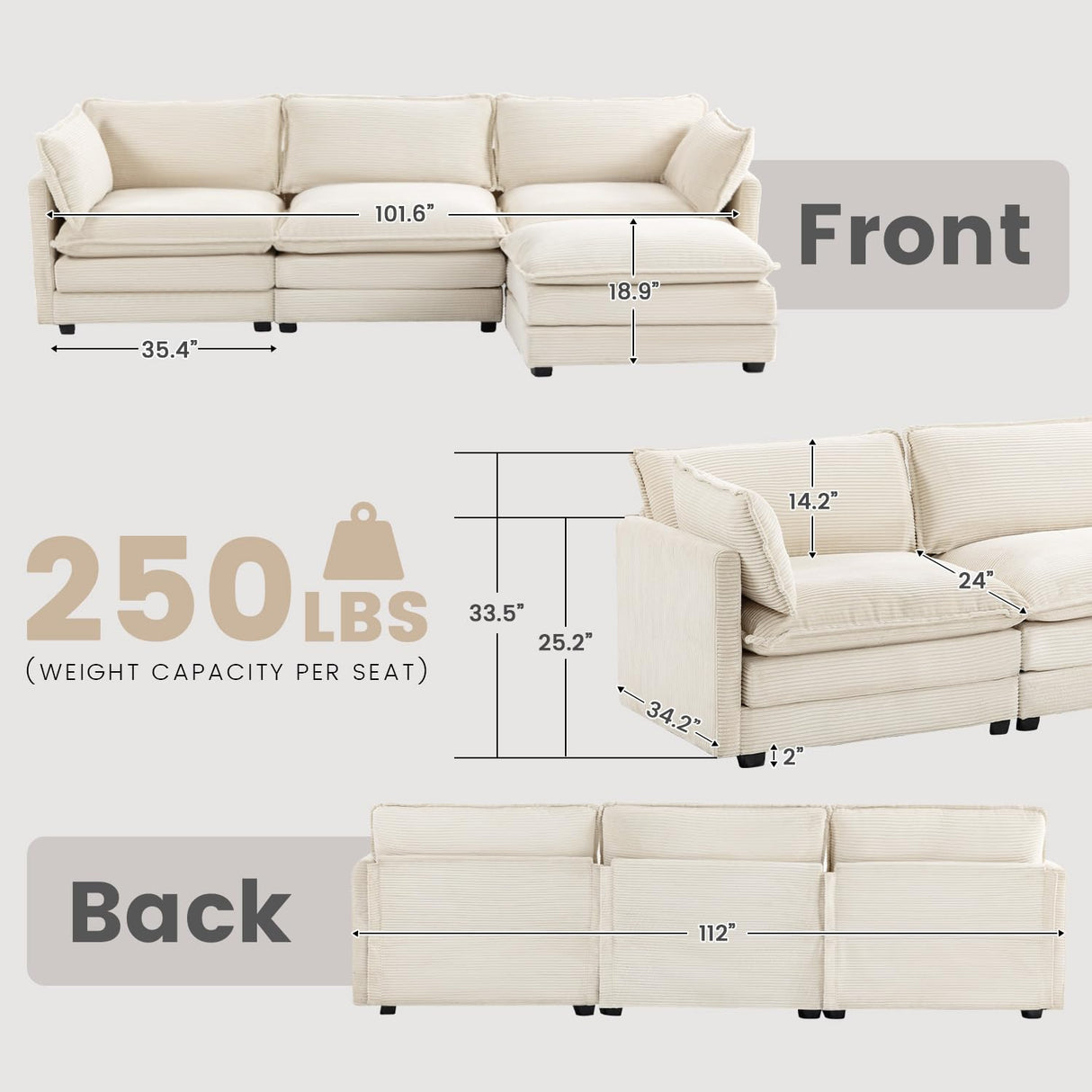 ROWHY Oversized Modular Sectional Sofa with Movable Ottoman, 112 Inch 4 Seat Modern Corduroy Sofa Set, Convertible L Shaped Couch for Living Room and Office, Beige ROWHY