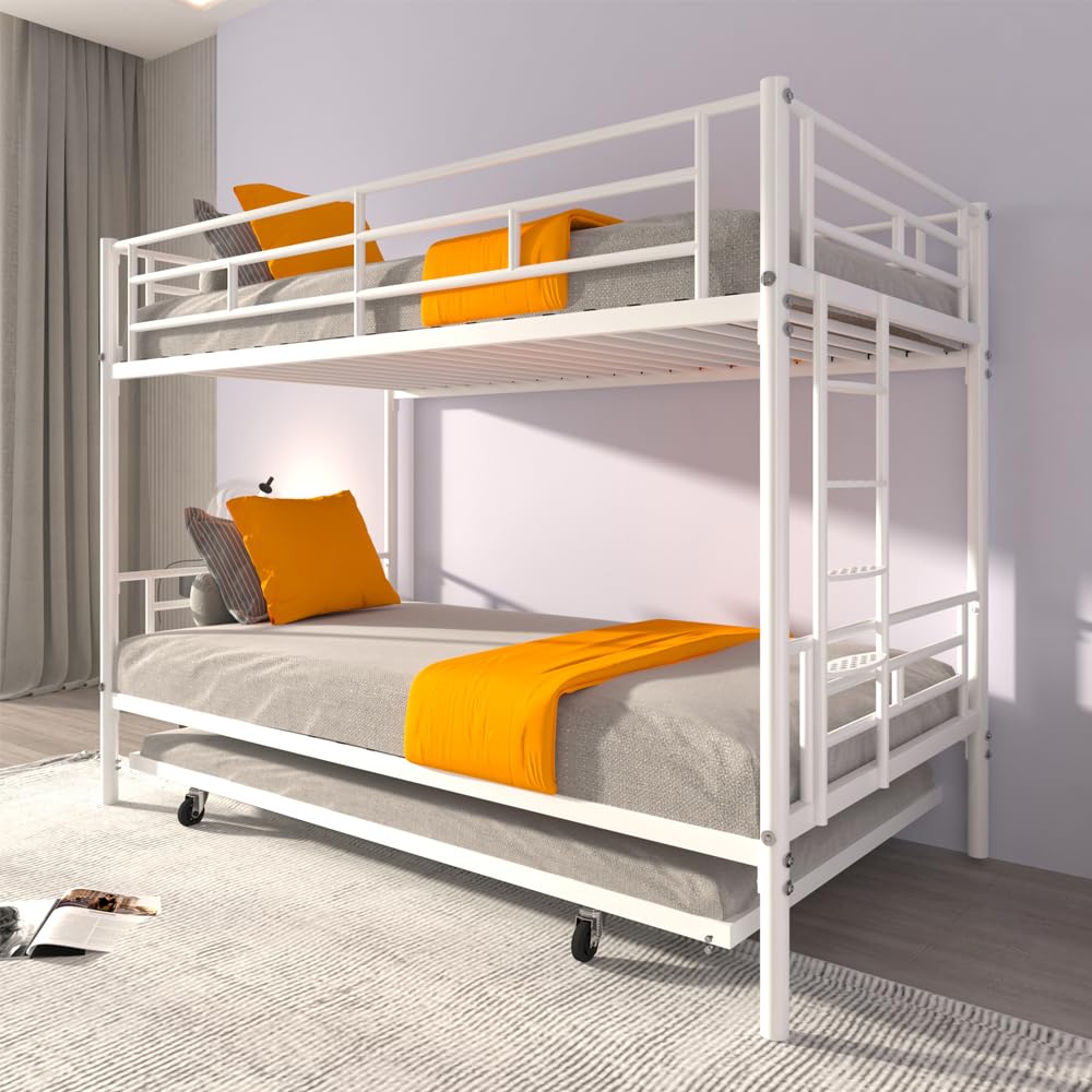 HomJoones Metal Bunk Bed Frame,Twin Over Twin Metal Bunk Bed with Trundle Heavy Duty Twin Size Metal Bunk Beds Frame with 2 Side Ladders Convertible Bunkbed,No Box Spring Needed (White) HomJoones
