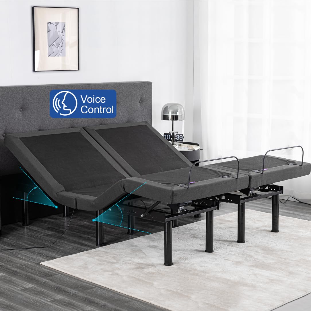 Split King Adjustable Bed Frame with Massage, 14 Inch Grey Gel Memory Foam Medium-Firm Mattress in Box, Updated Adjustable Bed Base with Thickened Foam Frame, Adjustable legs,Voice Control, Smart Bed Vipbear