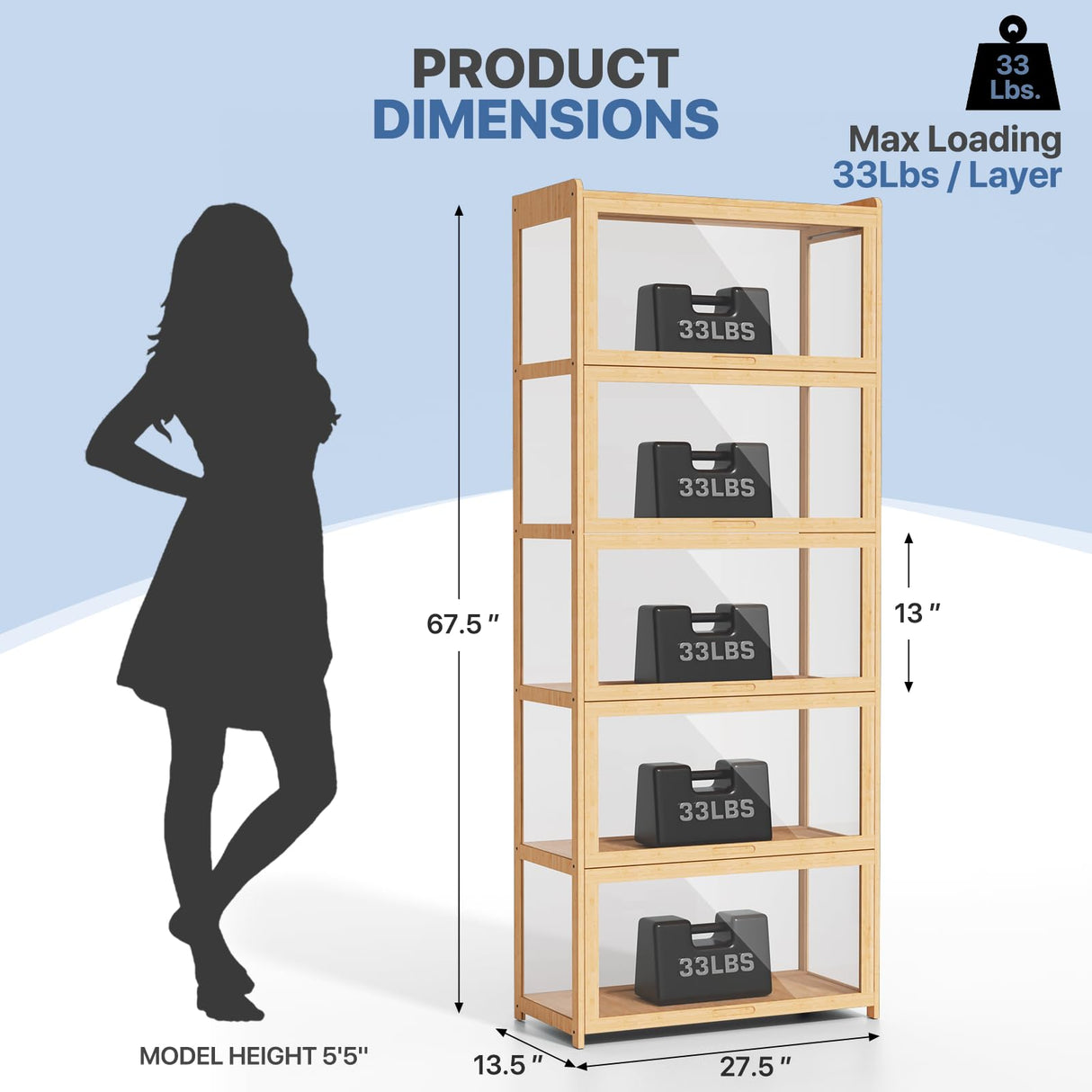 Magshion Display Cabinet with Acrylic Doors, 5-Tier Curio Cabinet for Collectibles, Display Case Showcase for Living Room, Office, 27.5"(L) x 13.5"(W) x 67.5"(H), Natural Magshion