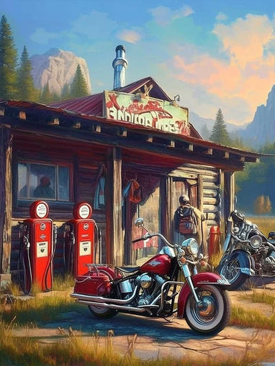 Funny Motorcycles Gas Station Diamond Art Painting Kits for Adult,Transportation Vehicles 5D Diamond Art for Adults,Round Drill Painting by Diamonds Art and Crafts for Home Wall Decor Gift 12x16 Inch