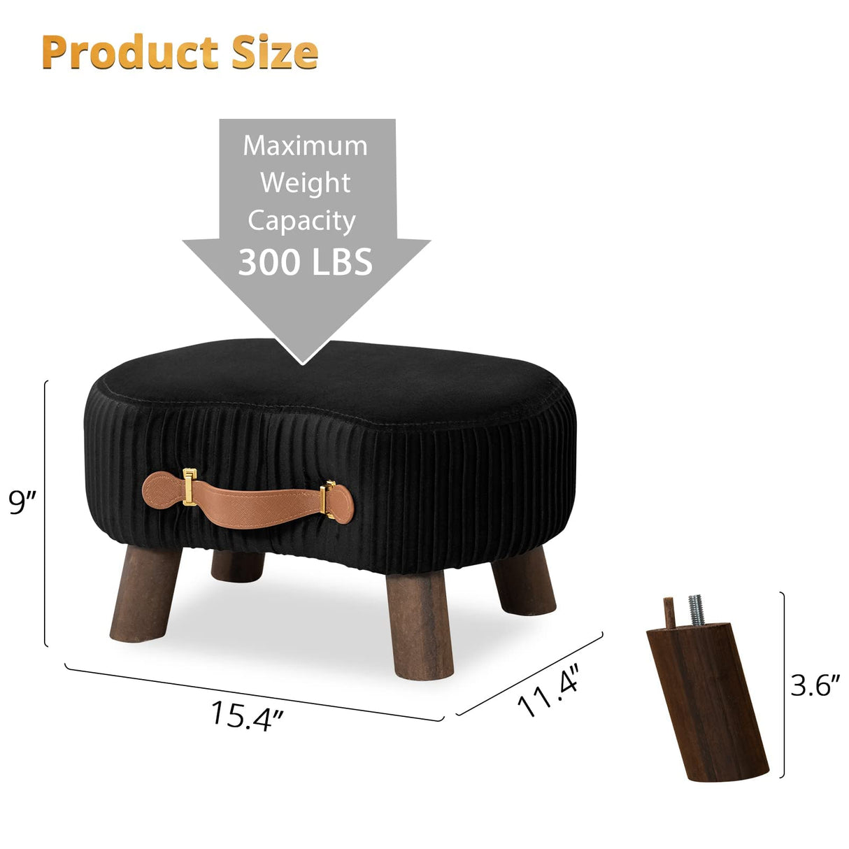 LUE BONA Small Curved Foot Stool with Handle, Black Velvet Footstool and Ottomans, Modern Foot Rest with Wooden Legs, Step Stool with Padded Seat for Couch, Living Room LUE BONA
