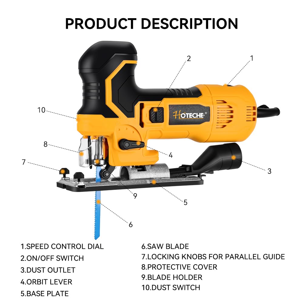 Hoteche 6.5-Amp Jig Saw Corded 6 Vriable Speed Jigsaw with LED Light and 2Pcs of Blades Hoteche