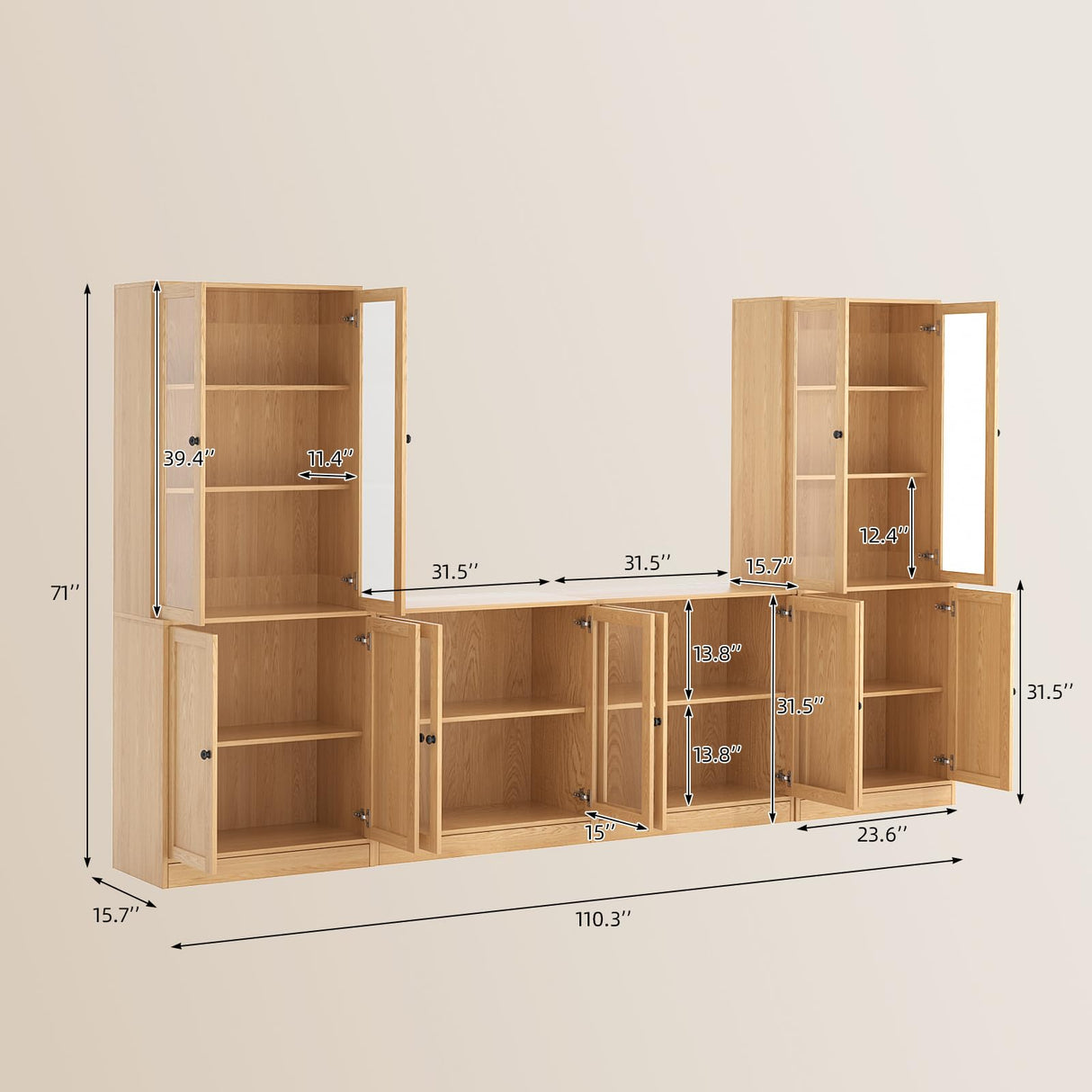 TUSY 4-Piece Large TV Stand with Bookshelves for TVs up to 75", TV Entertainment Center Media Center with Tempered Glass Doors and Shelves, TV Hutch for Living Room (Wood) TUSY