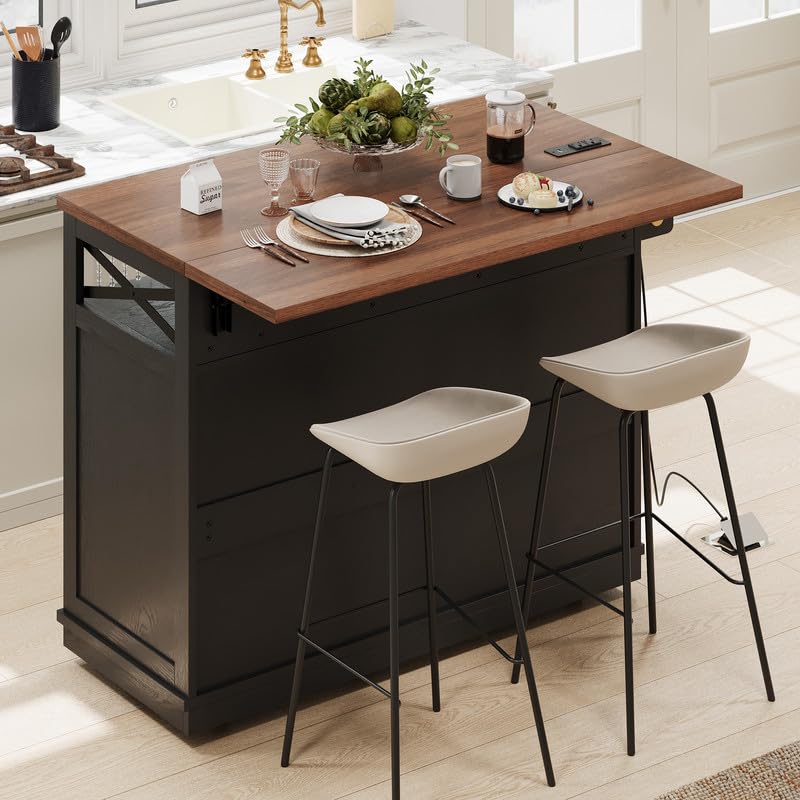 46.5'' Farmhouse Kitchen Island with Drape of Beads, Power Outlet, Rolling Kitchen Cart on Wheels with Drop Leaf, 3 Doors , 3 Drawers and Internal Iron Shelf, for Kitchen, Dining Room, Black HomeGearTech