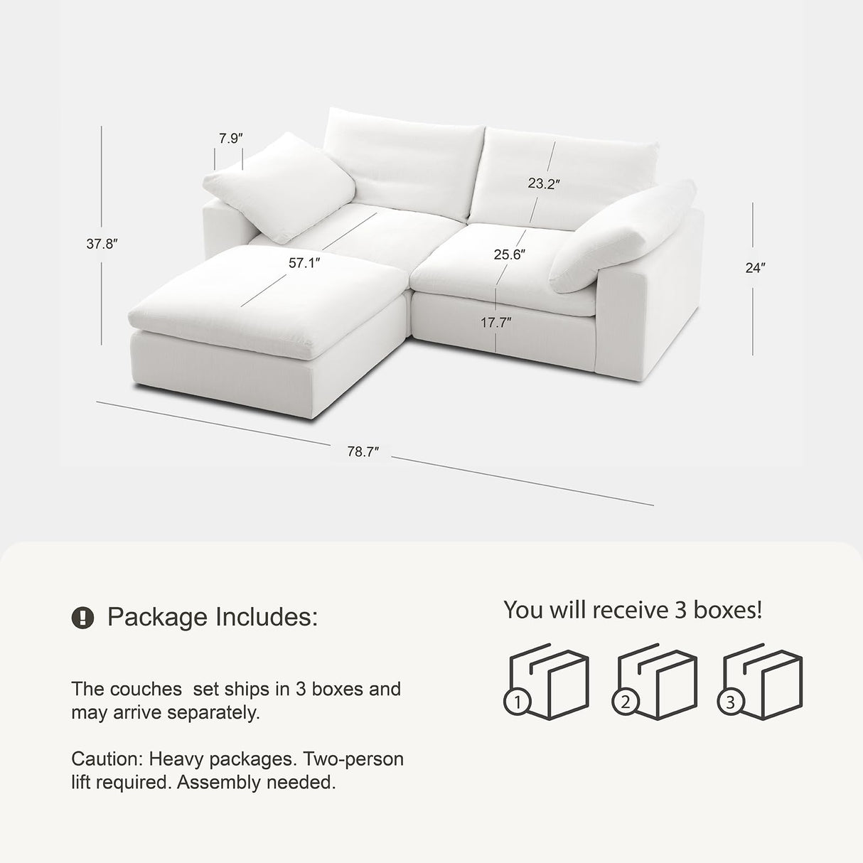 Modular Cloud Sofa, 78.7" Cloud Sectional Couches with Deep Seat,Oversized Loveseat Sofa with Ottoman for Living Room, Modern Comfy Couch with Washable Cover, Wide Armrest (White,1 Ottoman) Vorthio