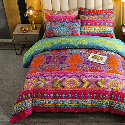 Erosebridal Bohemian Duvet Cover Sets 3 Pieces Exotic Style Bedding Coverset Boho Bedding Set Fade Resistant Bedspread Set Printing Microfiber Comforter Cover Pattern 1 Full Size Erosebridal