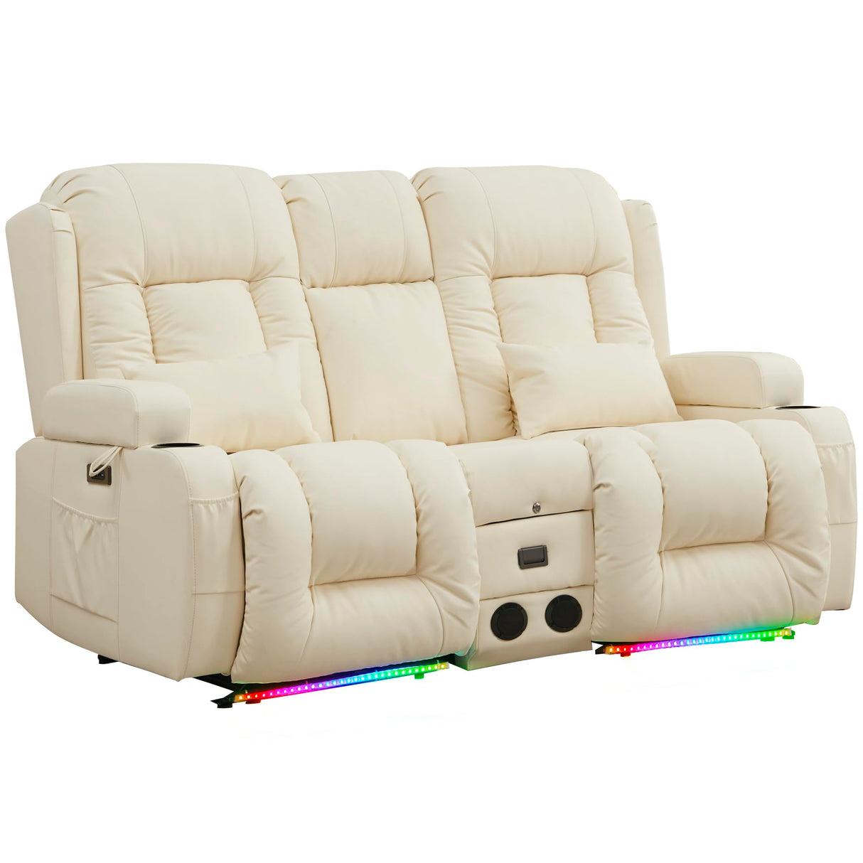 URRED Power Loveseat Recliner Sofa, RV Recliner Chair Home Theater Seating with Flipped Middle Backrest Console, LED Ambient Light, Bluetooth Speakers, USB, Built-in Outlets (Faux Leather, Beige) URRED