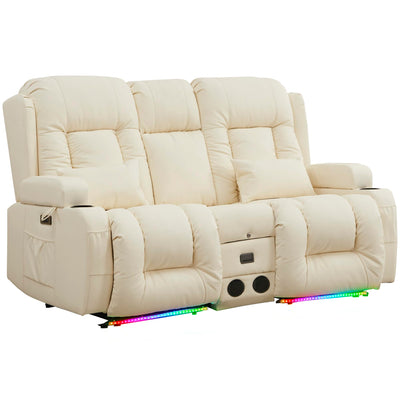 URRED Power Loveseat Recliner Sofa, RV Recliner Chair Home Theater Seating with Flipped Middle Backrest Console, LED Ambient Light, Bluetooth Speakers, USB, Built-in Outlets (Faux Leather, Beige)