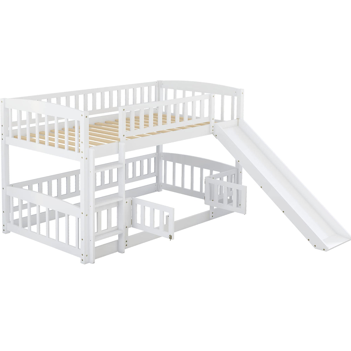 Bellemave Bunk Bed Twin Over Twin with Slide and Stairs, Twin Bunk Bed for Kids, Girls, Boys, Floor Bunk beds with Fence and Door, White Bellemave