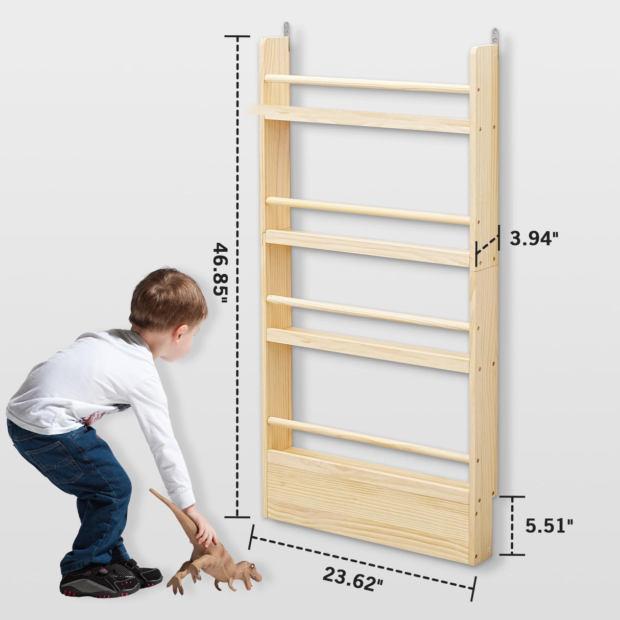 SweetBin Kids Bookshelf 4-Tier - Space-Saving Behind The Door Storage Shelf - Pine Wood Thin Bookshelf 4 Shelves Wall Mounted - Suitable for Children's Books in Bedroom, Living Room and Nursery SweetBin