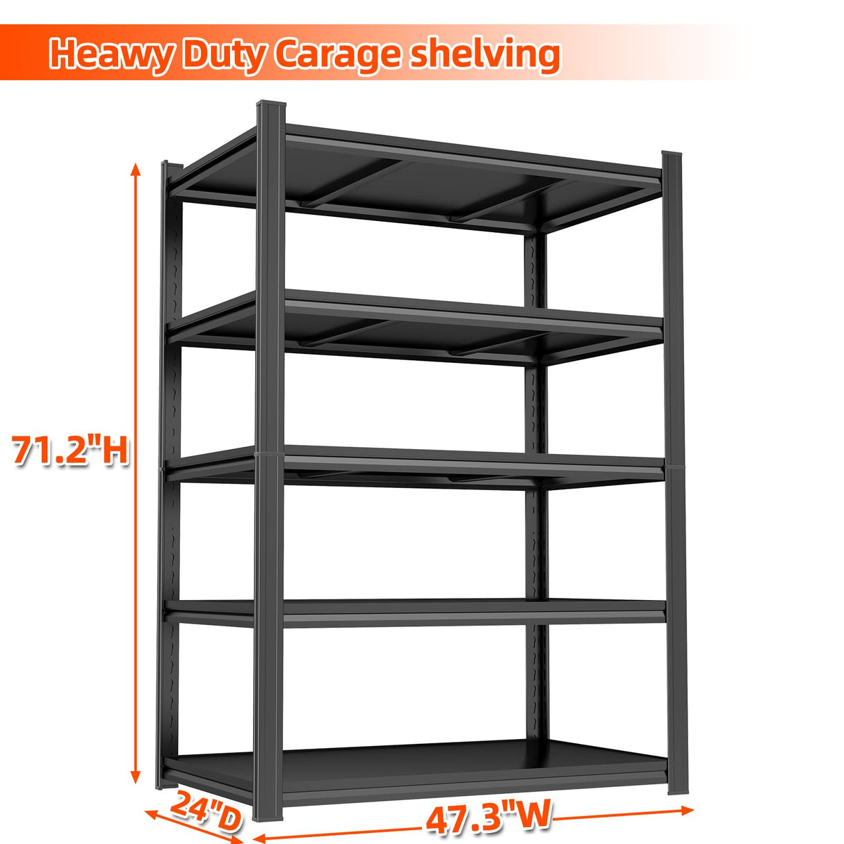 47.3"W Garage Shelving Heavy Duty, 2500 LBS Capacity Industrial Shelving Units, Standing Shelf Storage, Detachable and Adjustable 5 Tier Metal Shelves for Warehouse, Basement, Pantry Closet, Black Bezuny