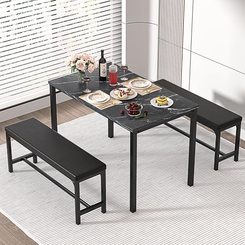 VECELO 3-Piece 63" Extendable Kitchen Table with Benches/Chairs, Modern Breakfast Dinette/Dining Room Set for 4/6/2, Small Space Saving Design, Easy Assembly VECELO