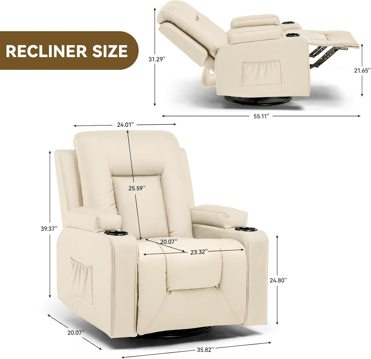 COMHOMA OMHOMA Recliner Chair, Swivel Rocker Recliners, Massage and Heat Reclining Chair, Reclining Sofa with Side Pockets, Cup Holders for Living Room, Bedroom (White) COMHOMA