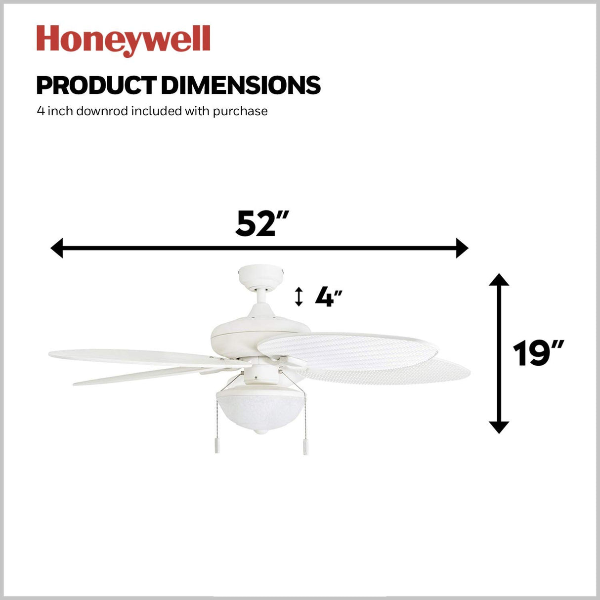 Honeywell Ceiling Fans Inland Breeze, 52 Inch Tropical Indoor Outdoor Ceiling Fan with Light, Pull Chain, Three Mount Options, Weather Resistant Blades - 50511-01 (White) Honeywell Ceiling Fans