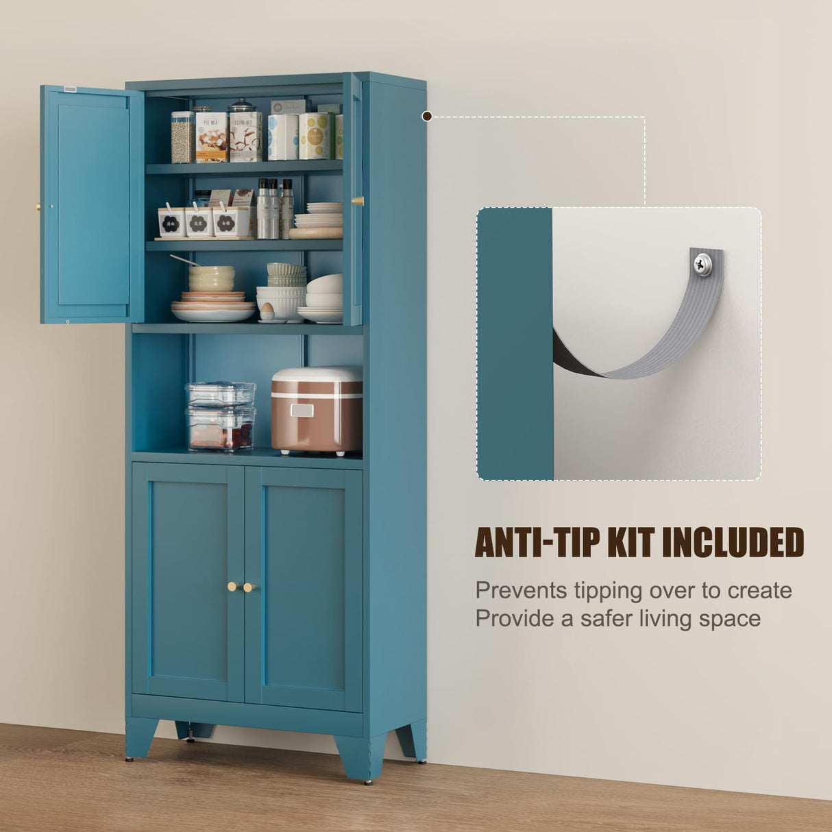 Bevivog 69" Pantry Cabinet,Tall Metal Storage Cabinet with Doors and Adjustable Shelves,High Freestanding Cupboard Locker for Kitchen,Dining Room,Living Room,Office,Blue Bevivog