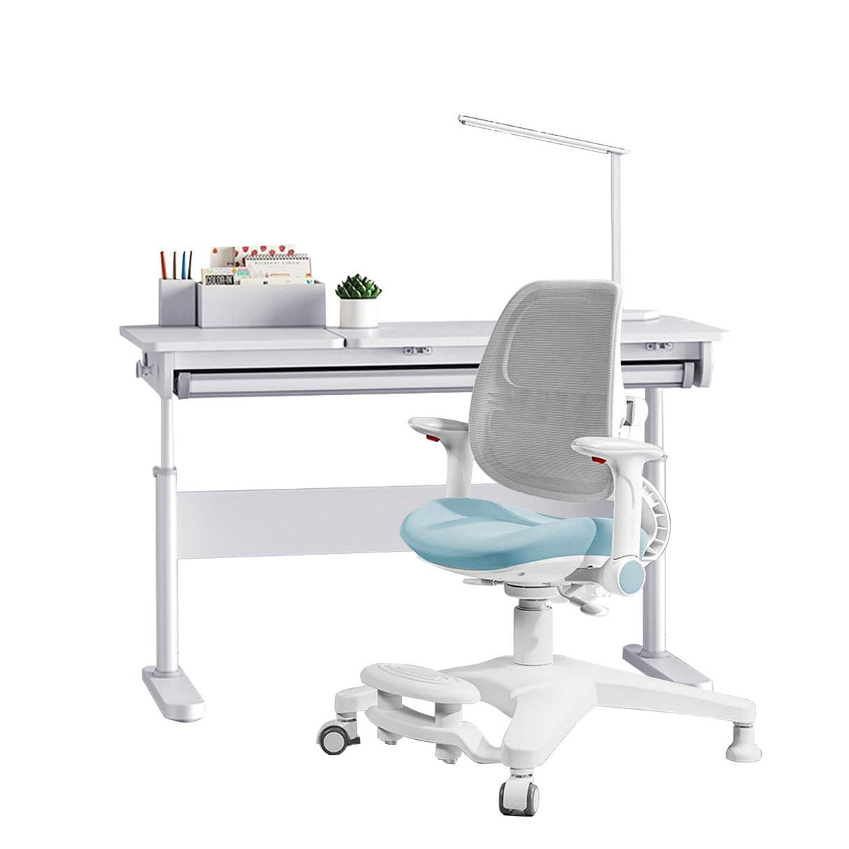 FCD Desk and Chair for Kids, Wood Ergonomic Multi Function Adjustable Study Desk and Chair Set, Drafting Table and Computer Station for Children 5-18 (Blue Chair, Bookshelf Not Included) FCD