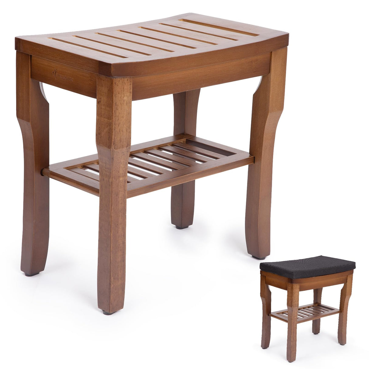 StrongTek Bamboo Shower Bench Seat with Soft Cushion, Footrest Shaving Stool with Storage Shelf, Non-Slip, Ideal for Spa Bath Seat, Bathroom, Living Room & Garden Decor, Espresso StrongTek