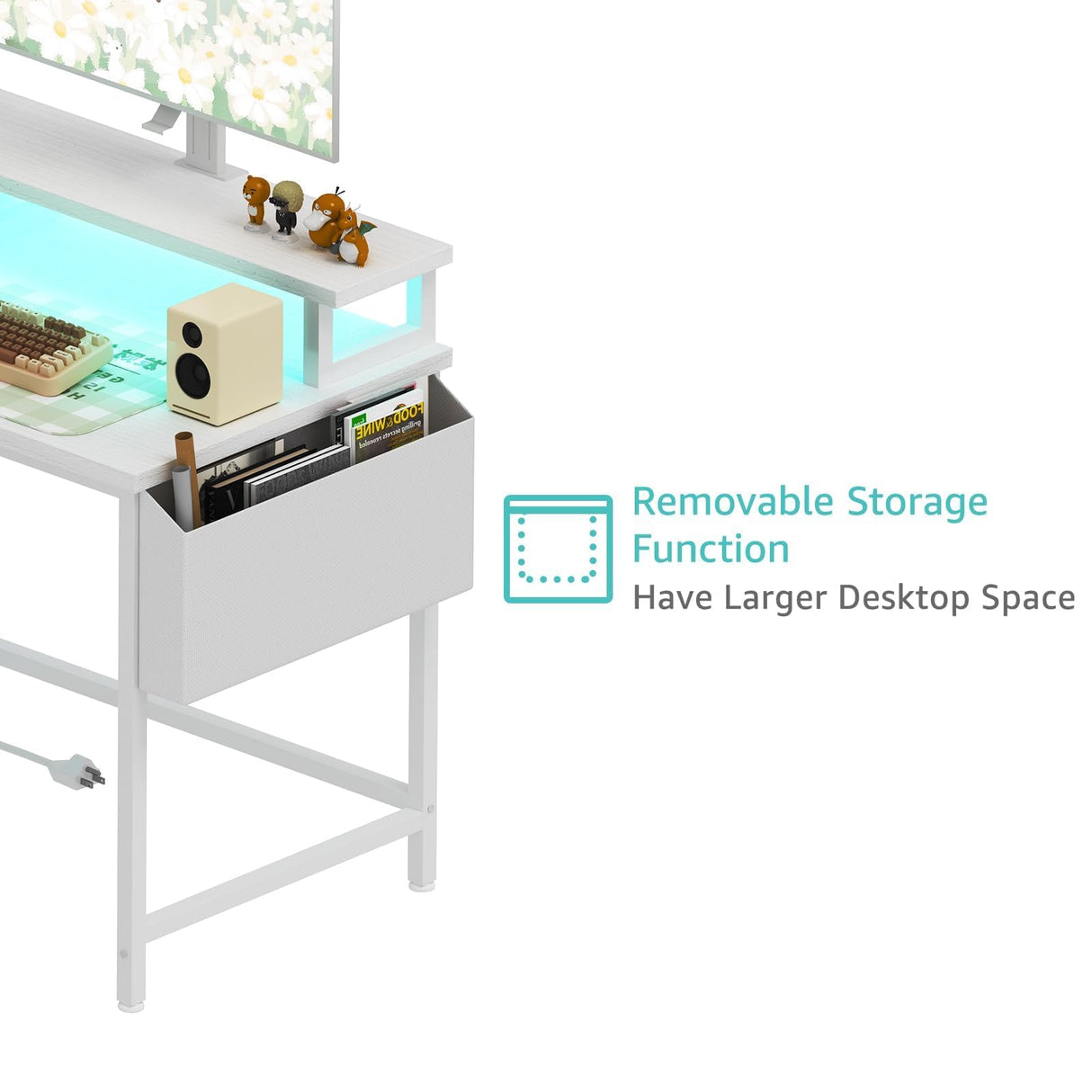 Lufeiya White L Shaped Computer Desk with Fabric Drawers, 47 Inch Corner Home Office Desk with Monitor Stand Shelves, Writing Study Gaming Desks with Led Lights and Power Outlets for Bedroom, White Lufeiya