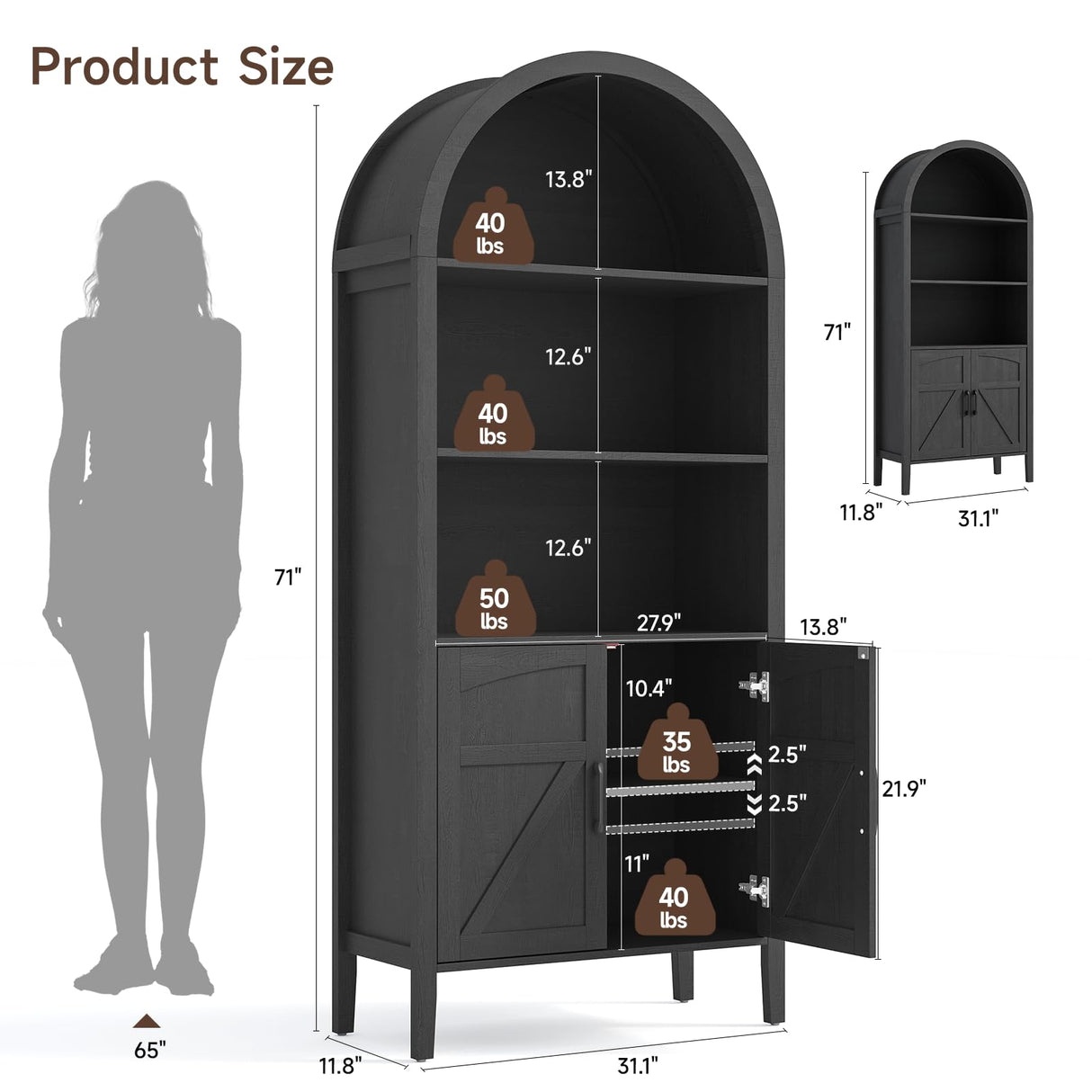 ONBRILL 71" Tall Arched Bookshelf, 5-Tier Arched Bookcase with Door & Storage Cabinet, Farmhouse Display Bookshelf Cabinet with Adjustable Shelf, Freestanding Wood Bookcase for Home Office, Study ONBRILL