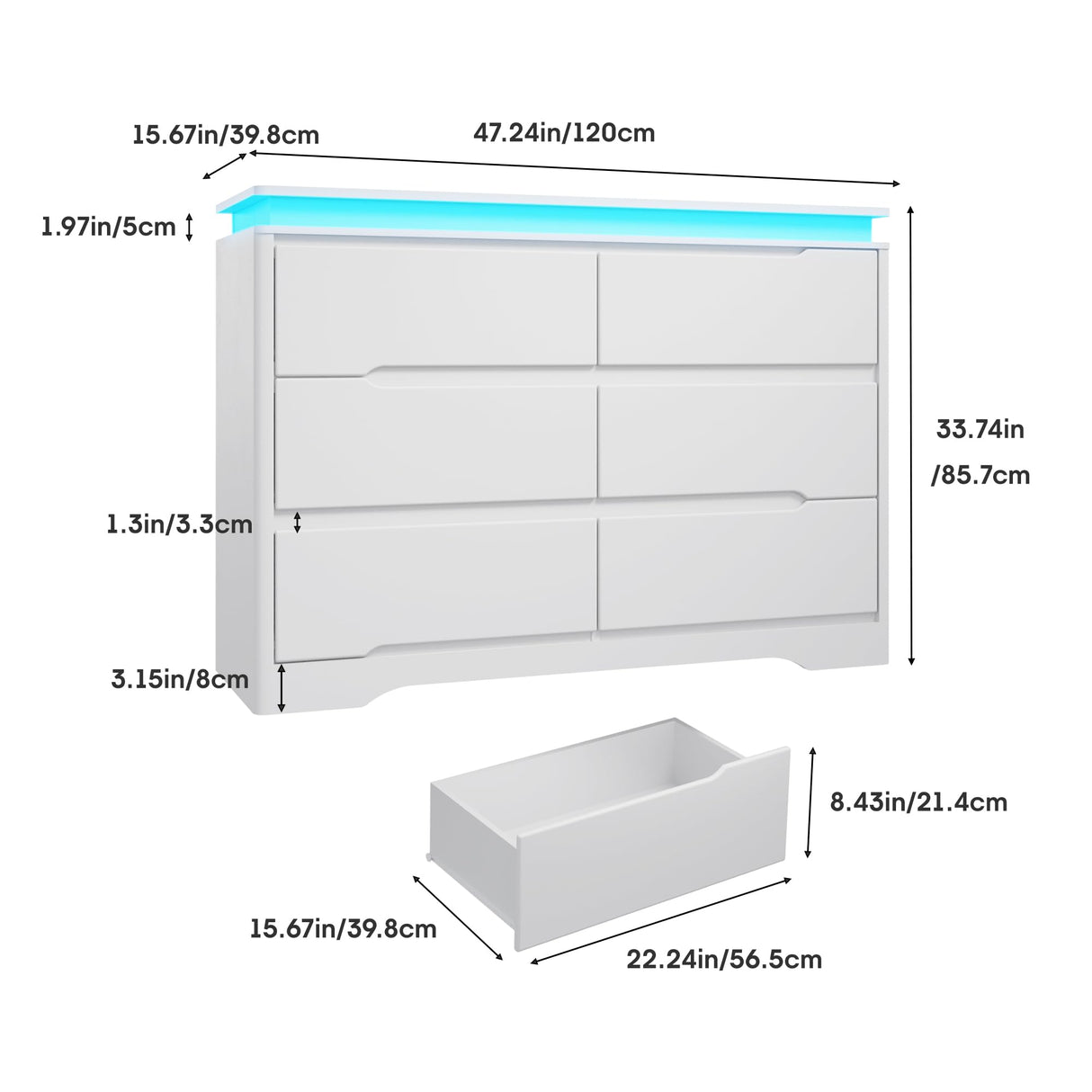 Fameill White Dresser for Bedroom, 6 Drawer Dresser with LED Lights, Modern Dresser Organizer with Charging Station, Double Wide Chest of Drawers for Living Room, Entryway Fameill