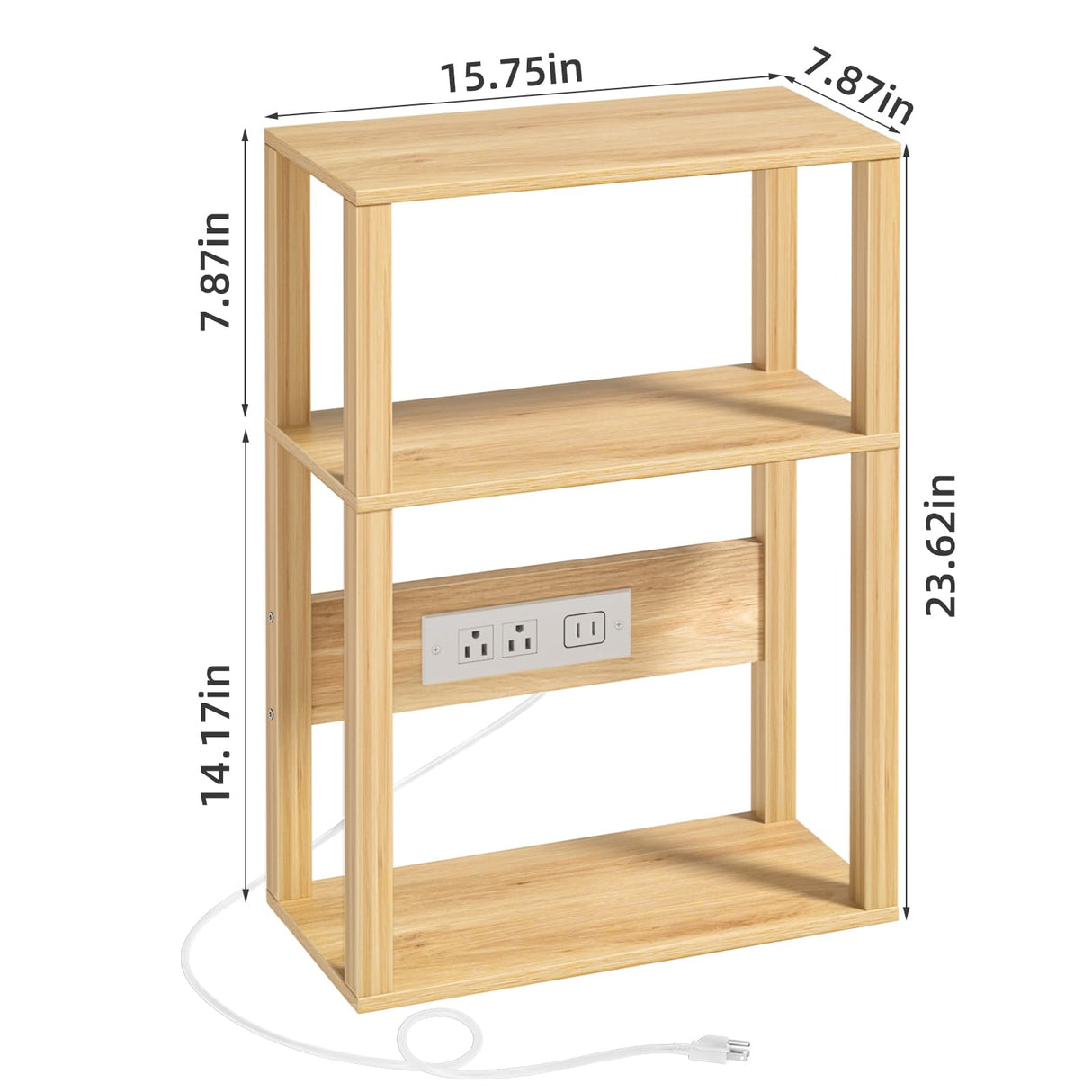 3-Tier Small Narrow Bamboo Side Table with Charging Station, Skinny Nightstand for Small Space, Slim Bedside Table with Storage for Couch, Wooden Thin End Table with USB Ports and Outlets, Natural YUFAM