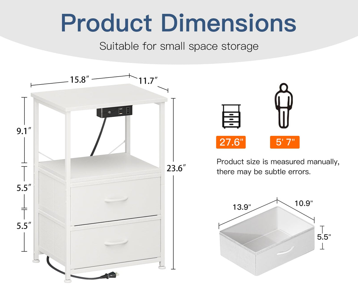 Casaottima White Night Stand with Charging Station and LED Lights, End Table for Bedroom with 2 Fabric Drawers, Small Nightstand with Storage Shelf, Bed Side Table, Bedside Table Casaottima