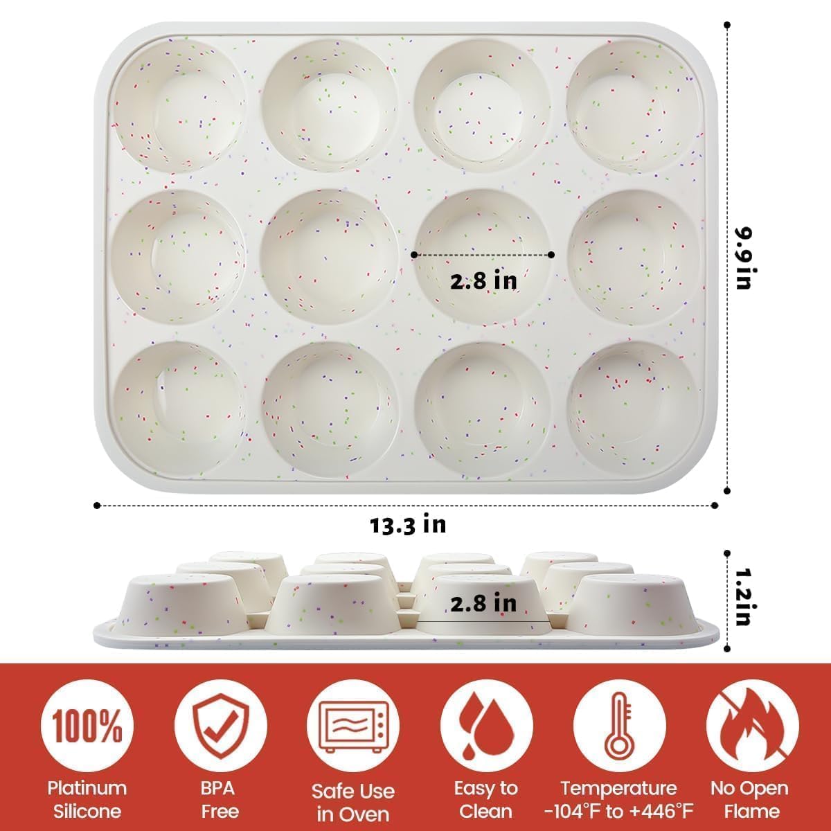 CAKETIME Silicone Muffin Pan, Metal Reinforced Frame Cupcake Pan 12 Cups Regular Size Easy to Move in or Out of Oven Non-Stick (2) CAKETIME