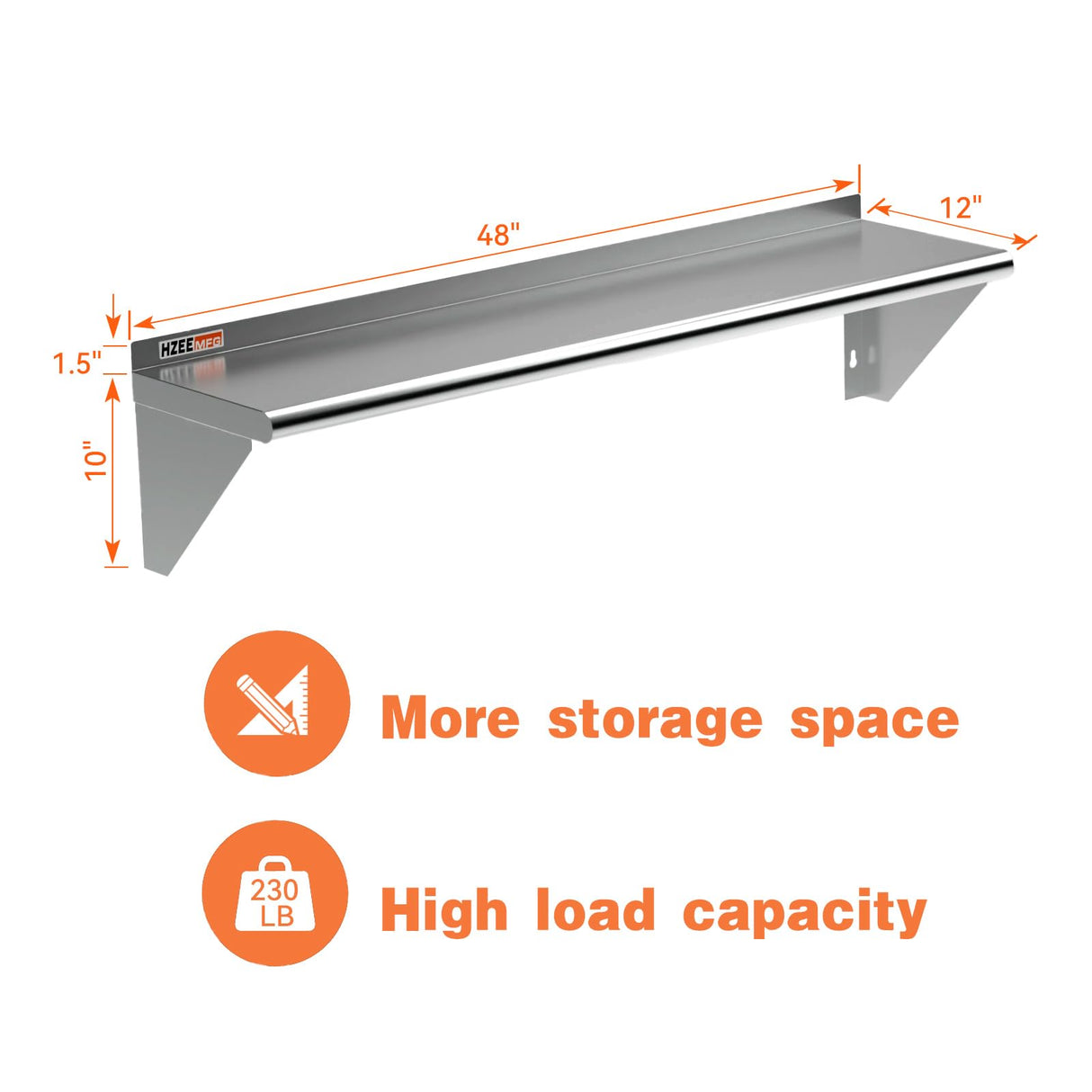 HZEEMFG Stainless Steel Wall Mounted Shelves 12x48 Inches 4ft,18 Gauge Metal Rack Shelf with 2 Brackets for Kitchen, Restaurant,Bar,Lab,Utility Room and Garage HZEEMFG