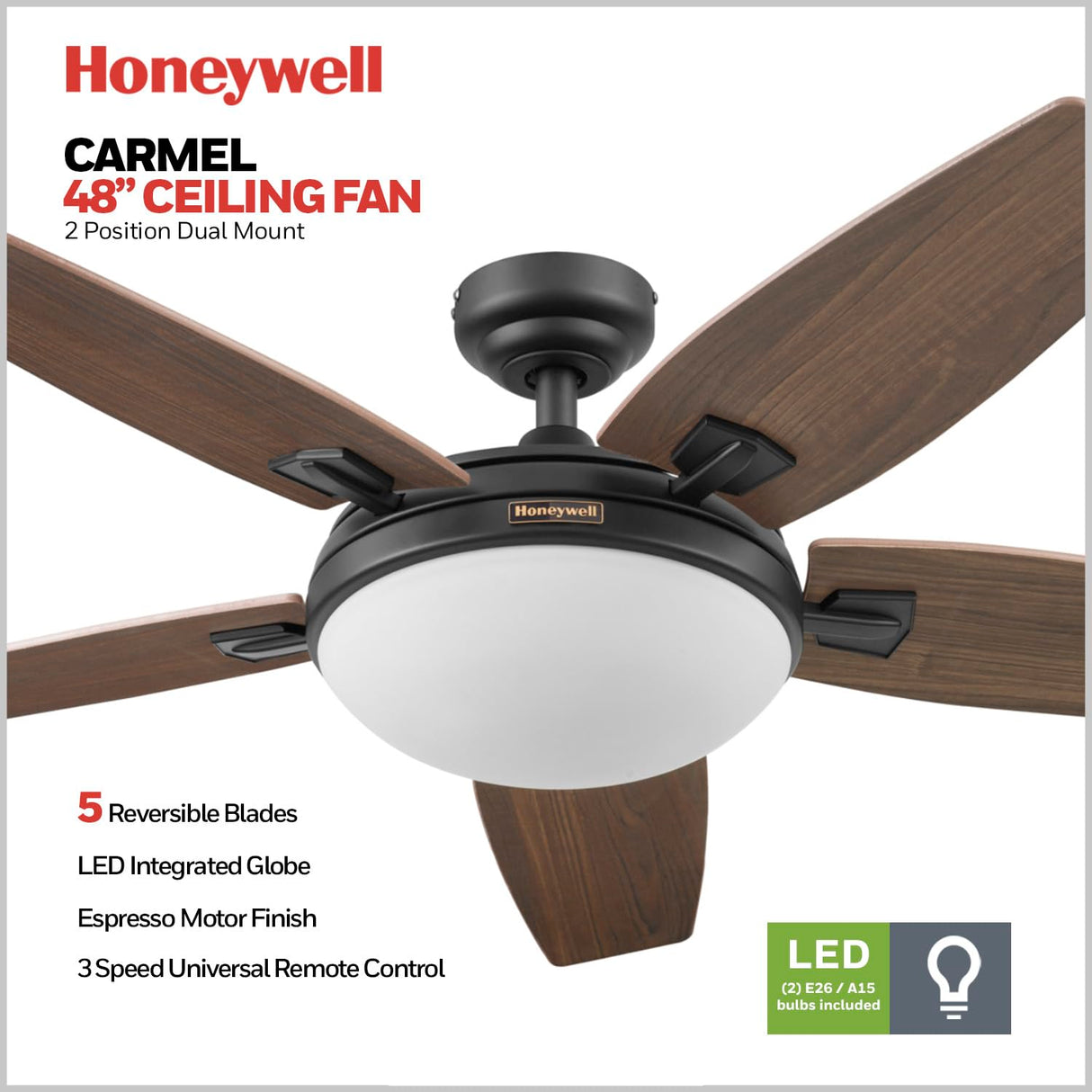 Honeywell Ceiling Fans Carmel Modern 48 Inch Ceiling Fan with Light, Remote Control Fan, LED Indoor Fan with 5 Blades, Gray Ironwood and Brown Maple Blade Finish Options, Bronze (50197-01) Honeywell