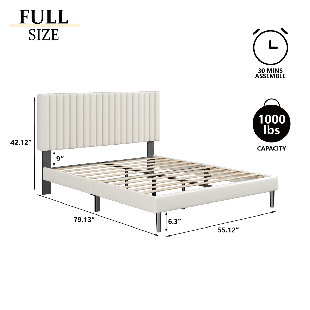 Sismplly Full Size Bed Frame with Velvet Upholstered Headboard, Platform Bed with Strong Wood Slats, Mattress Foundation, Box Spring Optional, Easy Assembly, Beige Sismplly