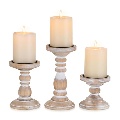 Inweder Wood Pillar Candle Holder: 3Pcs Rustic White Candle Holders for Pillar Candles Wood Candle Holders Distressed Wooden Farmhouse Candle Holder Large Rustic Candle Holder for Fireplace Table