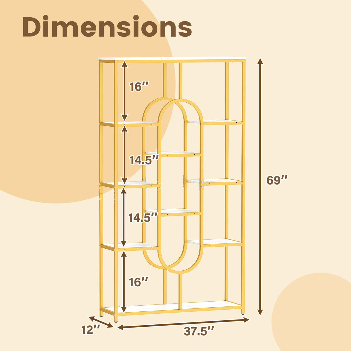 Giantex 5-Tier Bookshelf, 69" Tall Geometric Bookcase w/ 10 Open Shelves, Oval Shape, Modern Gold Display Shelf w/Metal Frame, Freestanding Storage Organizer for Living Room, Office Giantex