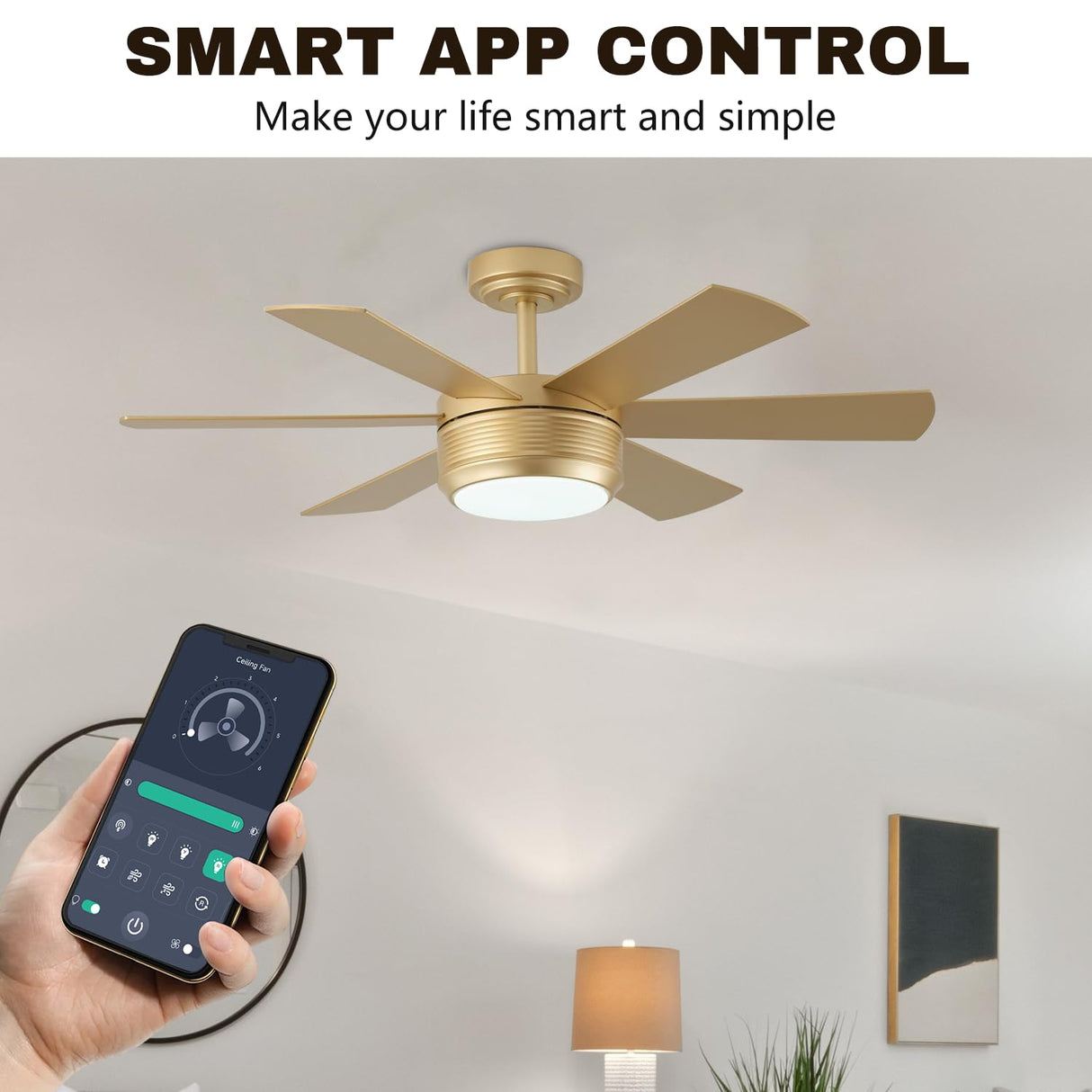 42 Inch Ceiling Fan with Lights and Remote, 6 Blade App Control Timer Reversible Stepless Brightness and Color Temperature Outdoor Wood Ceiling Fan with Lights (Gold, 42 Inch) SHOWDI