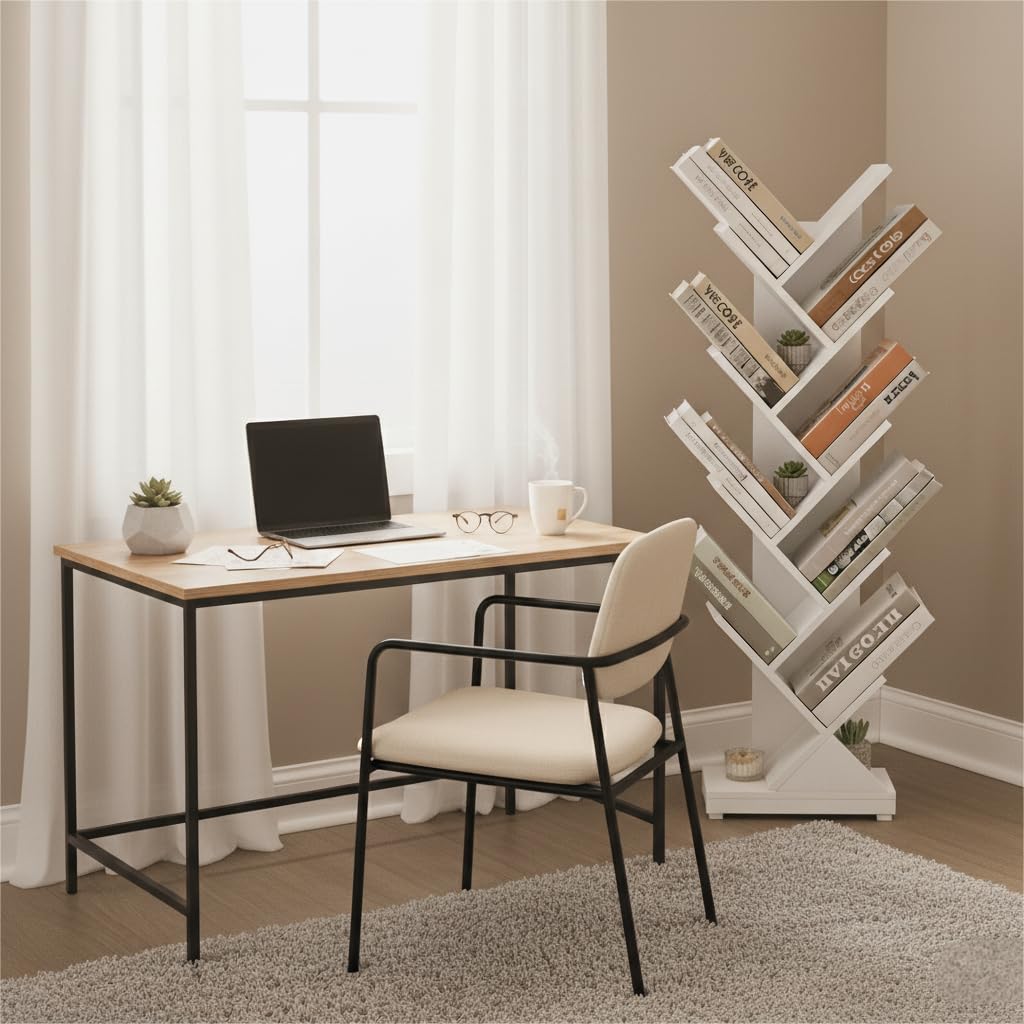 ruboka Tree Bookshelf,Retro Floor Standing Bookcase Display for CDs/Magazine/Books,Small Bookshelf for Bedroom,Living Room,Office,Balcony,Brown Storage Shelves (White, 9 Tier) ruboka