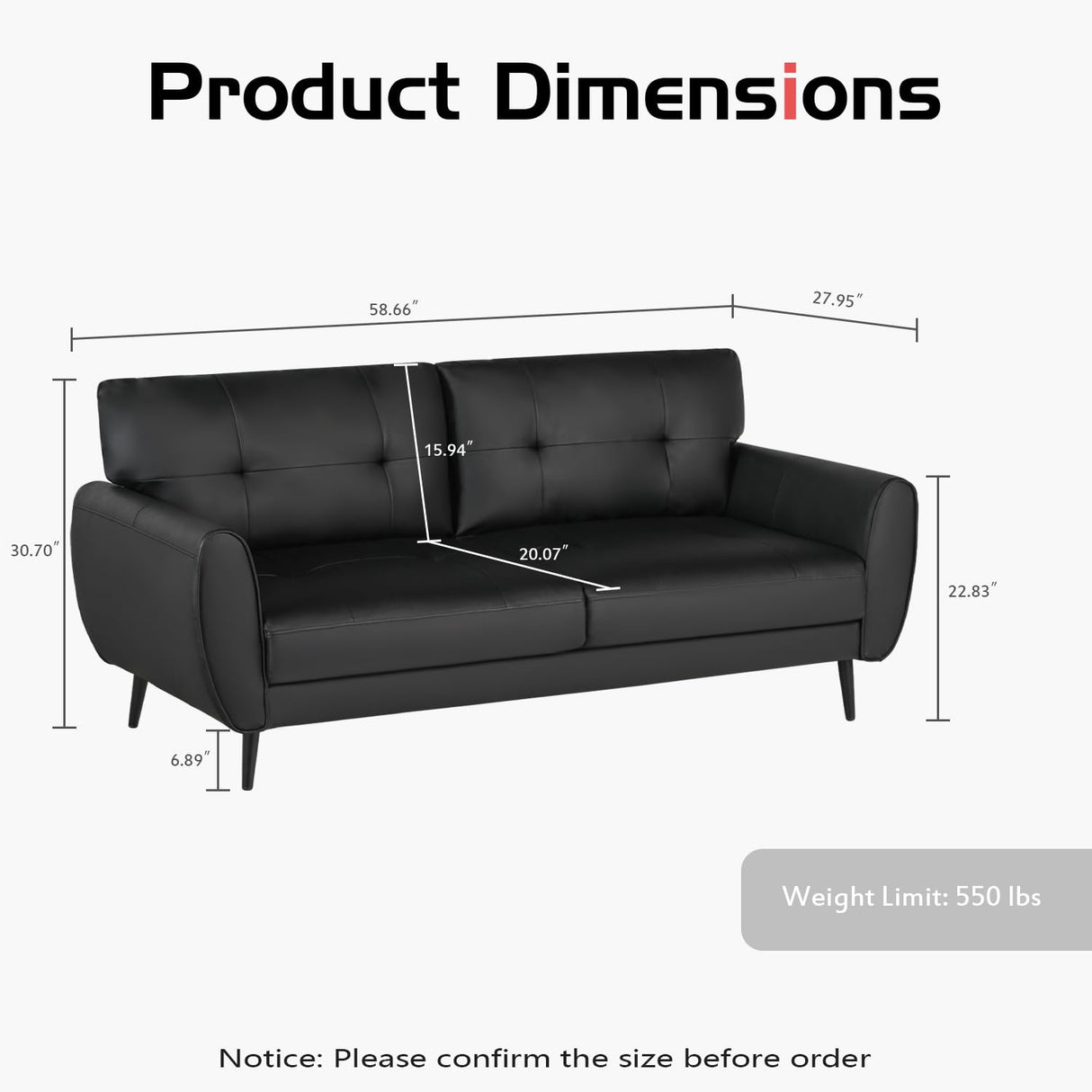 VAMEPOLE Sofa Couch, 60" Loveseat Sofa for Living Room, Mid Century Mini Black Couch, Tufted Leather Love Seat Furniture, Comfy Office Sofa 2 Seat, Small Couches for Small Spaces, Bedroom, Apartment VAMEPOLE