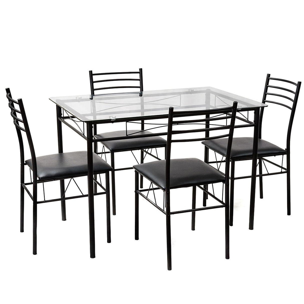 VECELO 5-Piece Kitchen Dining Table Set, Glasses Tabletop & Heavy-Duty Metel Frame, Rectangle Dinette with 4 Chairs for Small Space, Breakfast Nook, Glasses & Black VECELO