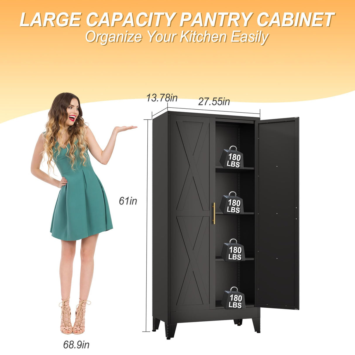 Lusiwry 61" H Metal Kitchen Pantry Storage Cabinet, Freestanding Cupboard with 2 Doors and 3 Adjustable Shelves, Standing Storage for Kitchen, Bathroom, Garage, Dinning Room or Utility Room(Black) Lusiwry