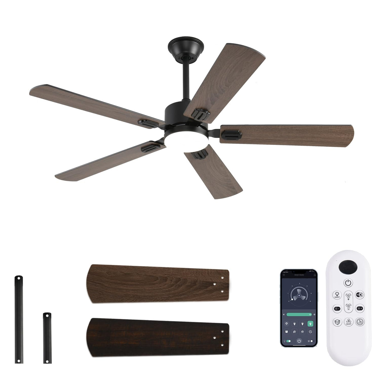FUMLTP 52 inch Modern Ceiling Fans with Lights APP/Remote Control, Low Profile Reversible 6 Speeds Dimmable Ceiling Fan Light for Indoor/Outdoor Bedroom Living Room(Brown) FUMLTP