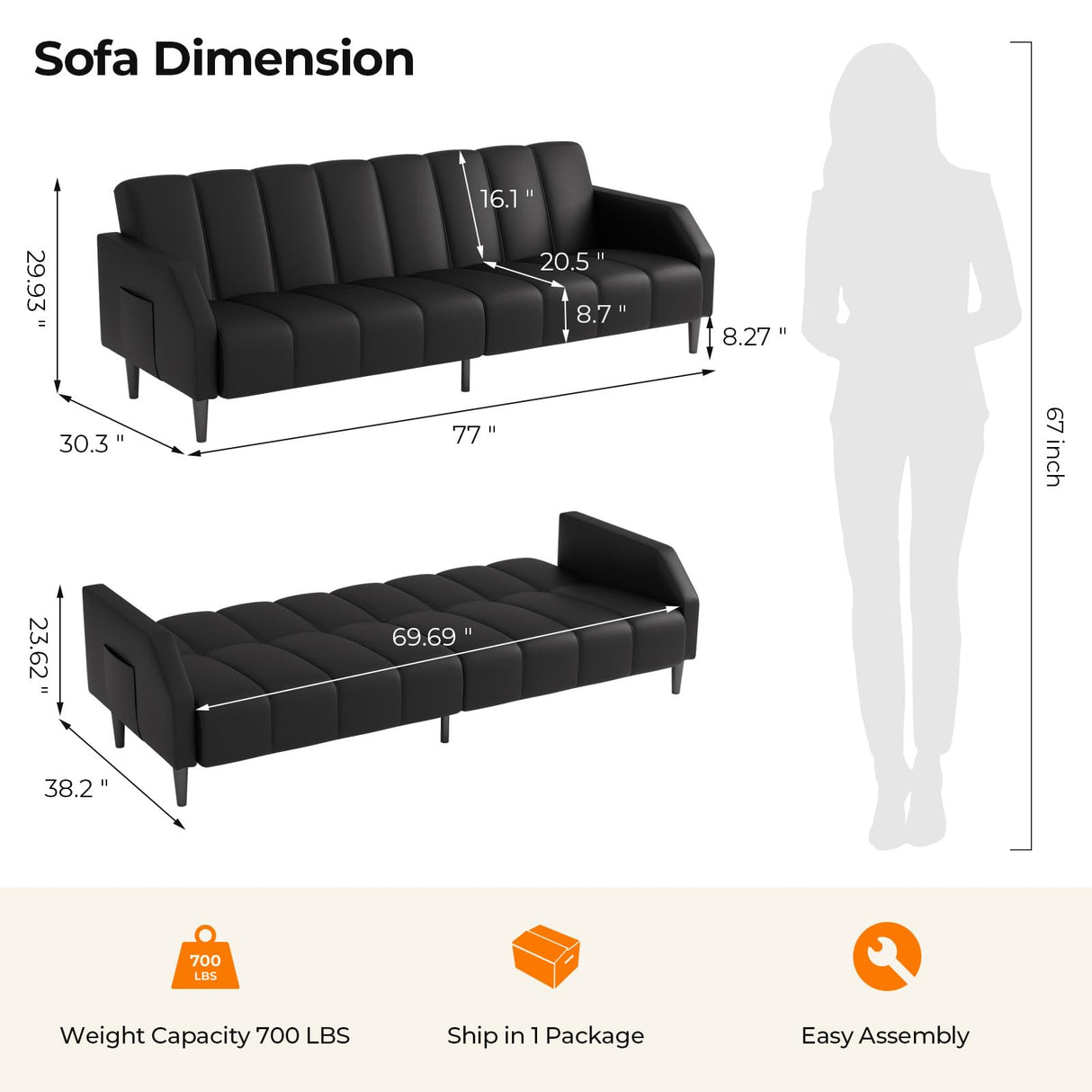 Fadware Faux Leather Couch, Convertible Futon Sofa Bed with Adjustable Backrest, Mid Century Leather Sofa Loveseat with Side Pockets& Metal Leg, Modern Leather Sleeper Sofa for Living Room Bedroom Fadware