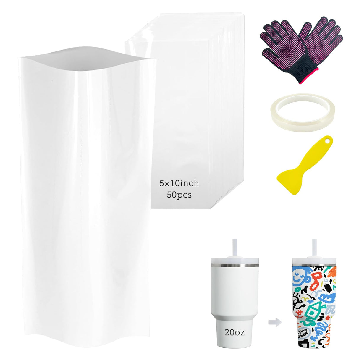 Daily Treasures 5×10"Sublimation Shrink Wrap Sleeve Set(50pcs),Heat Shrink Wrap with PET Tape&Scraper&Heat Resistant Gloves,Heat Shrink Film,Sublimation Wraps For 20oz Tumblers Mugs Cups Jars Cosmetic Daily Treasures