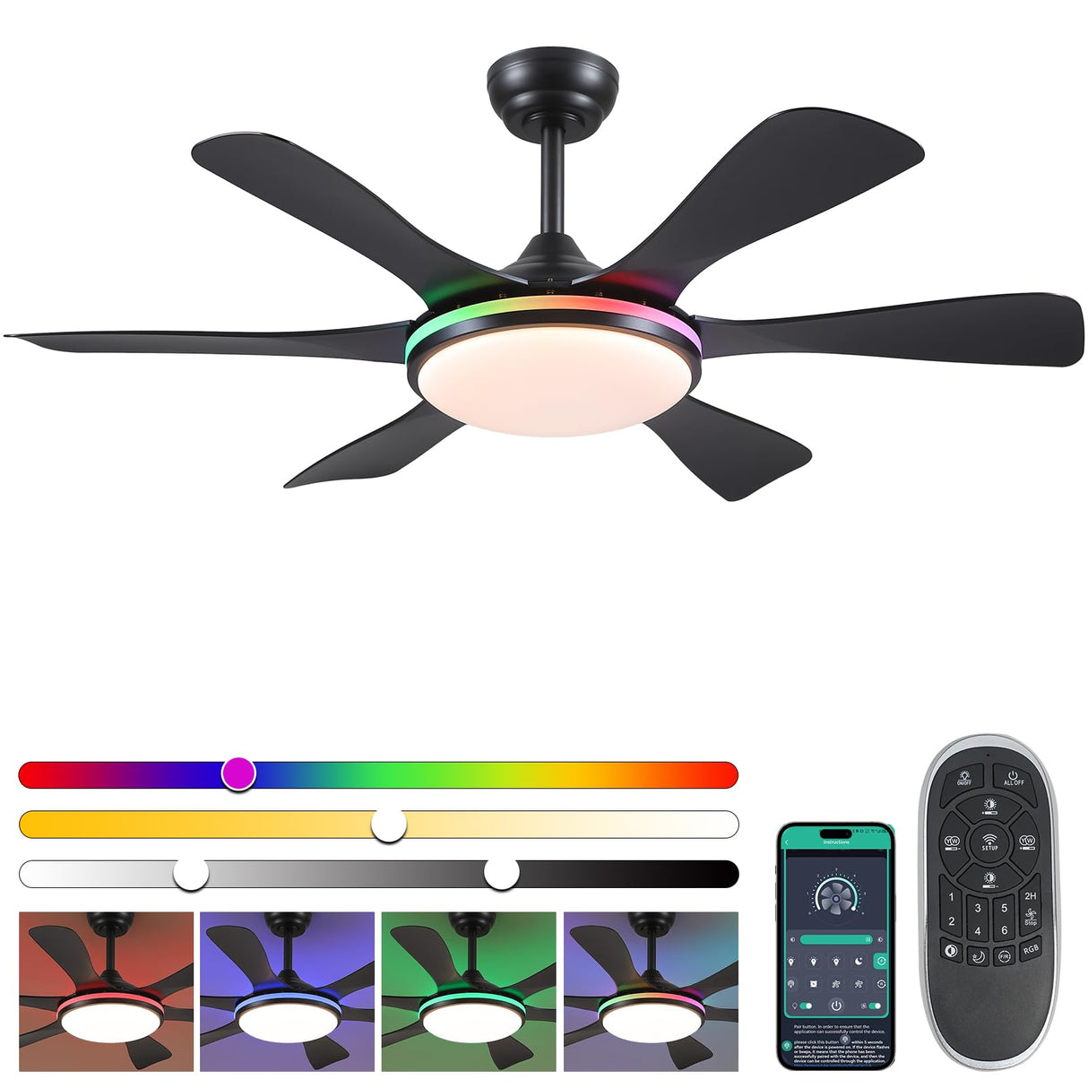 Surtime Ceiling Fans with Lights-47 Low Profile Ceiling Fan with 7-Color RGB Light and Remote/APP Control,Flush Mount,DC Reversible,LED Dimmable Black Ceiling Fans for Bedroom,Indoor/Outdoor Patio Surtime