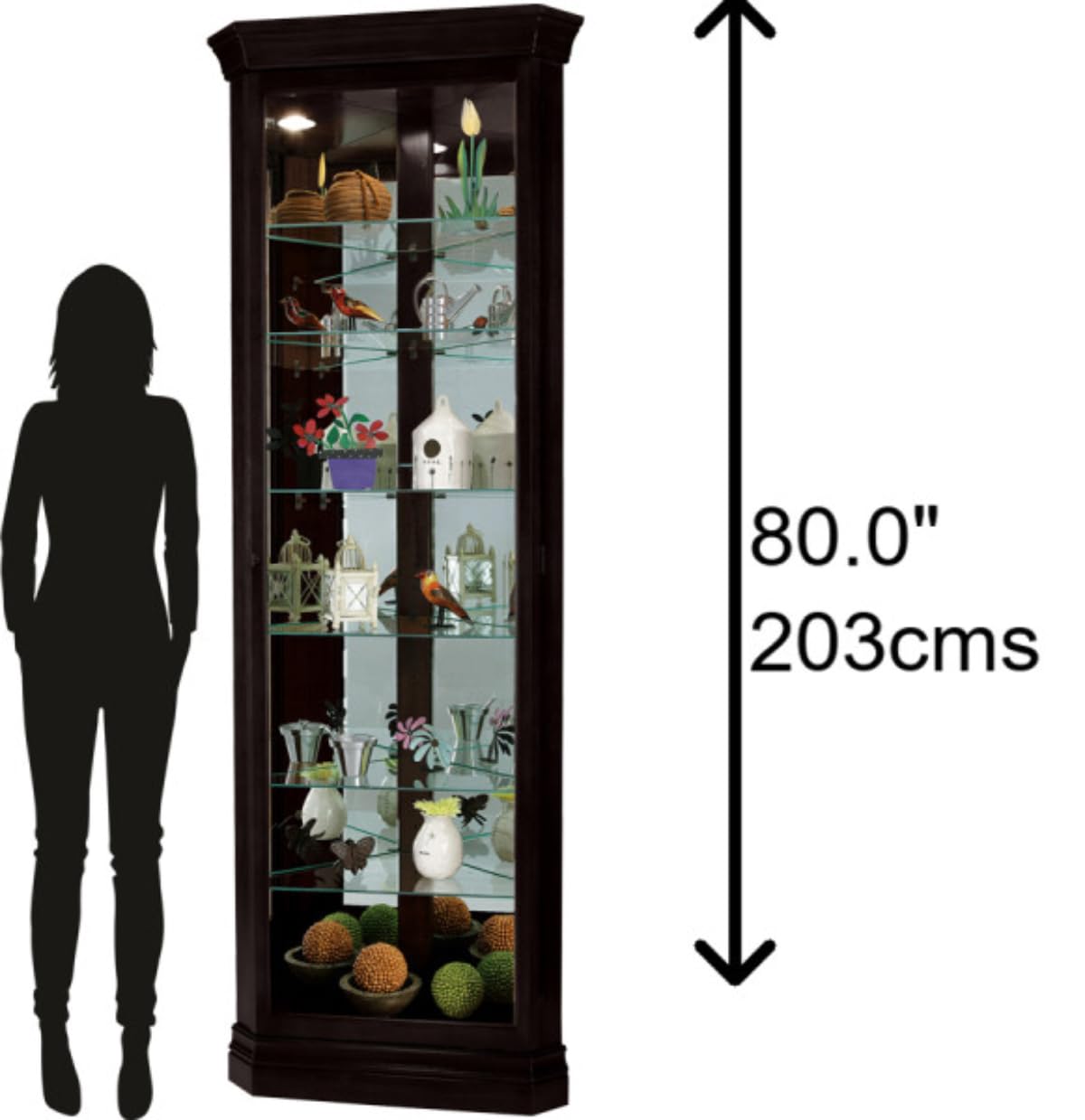 Howard Miller Duane Corner Curio Cabinet – Black Finish Glass Display with Mirrored Back, Adjustable Shelves, Built-in Lighting, and Locking Door for Showcasing Collectibles Modern Home Décor Howard Miller