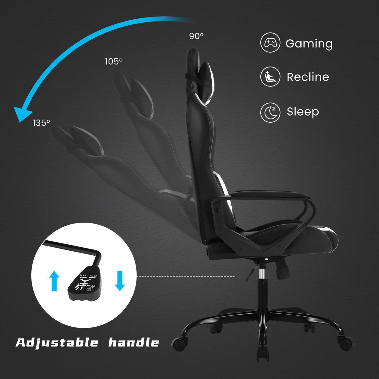 High-Back Racing Office Gaming Chair - PU Leather Reclining Computer Desk Chair with Lumbar Support and Swivel Function - Black Heavy Duty Executive Chair for Adults RROCOSIA