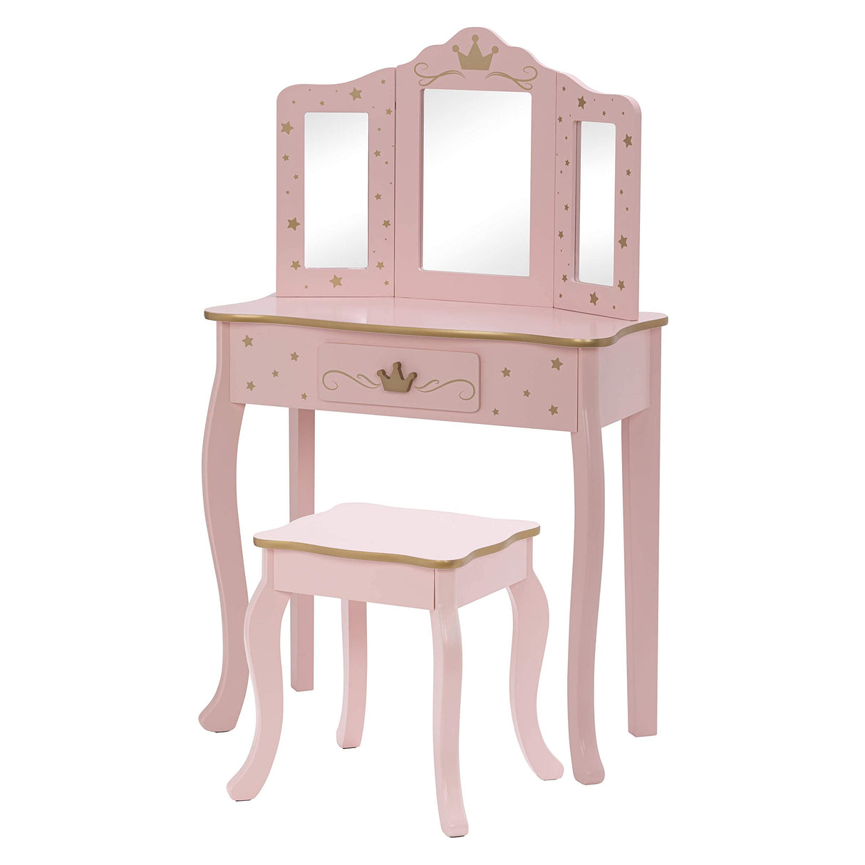 UTEX Pretend Play Kids Vanity Set with Mirror and Stool, Kids Make Up Vanity Desk with Mirrror for Little Girls, Children Makeup Dressing Table with Drawer, Pink UTEX