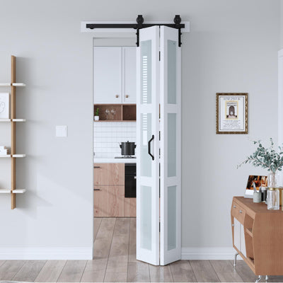 EaseLife 30"x 84" (Double 15" x 84" Doors) Bifold Barn Door, Bifold Sliding Barn Door with Hardware Kit Included, Solid MDF Wood Slab Covered with Water-Proof PVC Surface, Frosted Glass Panel