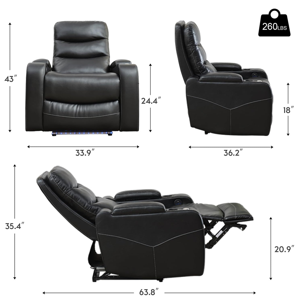 Electric Power Recliner Chair with LED Lights, Home Theater Seating with Swivel Tray Table, Faux Leather Recline Single Sofa Chair for Living Room with Hidden Arm Storage, Cup Holders, Black, 1 Piece Comfort Stretch