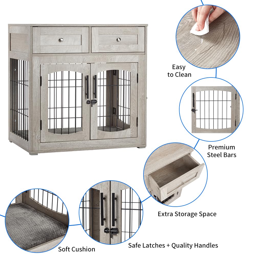 Dog Crate Furniture with 3 Doors,31.5" Large Dog Crate with 2 Drawer & Cushion,Wooden Dog House Kennel for Medium/Large Dog,Dog Crate Table Up to 70 lbs,Indoor End Table Dog House Knowfunn