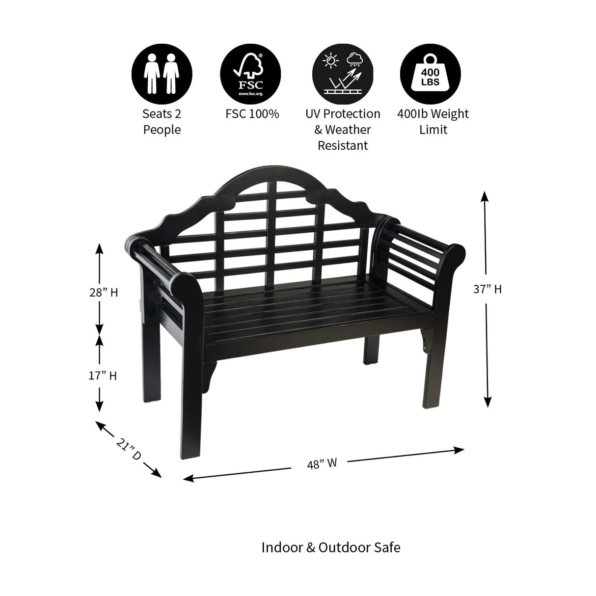 Plow & Hearth Weatherproof Lutyens Eucalyptus Wood Garden Bench | Foldable Patio Bench | Outdoor Furniture Seating for Porch Park Deck | Black Plow & Hearth