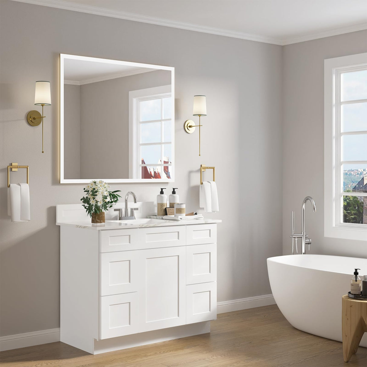 ROOMTEC 42'' Shaker White Free Standing Bathroom Vanity with 6 Drawers and Soft-Close Door ROOMTEC